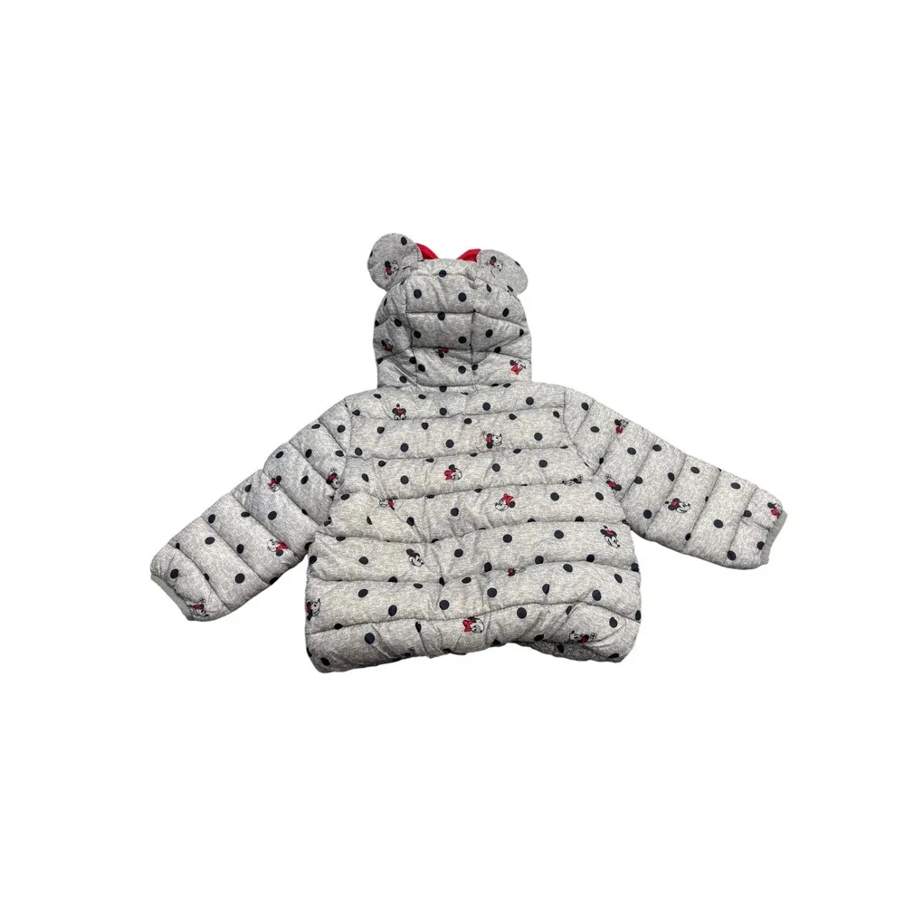 Baby Gap Disney Minnie Mouse Gray Polka Dot Puffer Jacket Hooded Ears Bow 18-24M